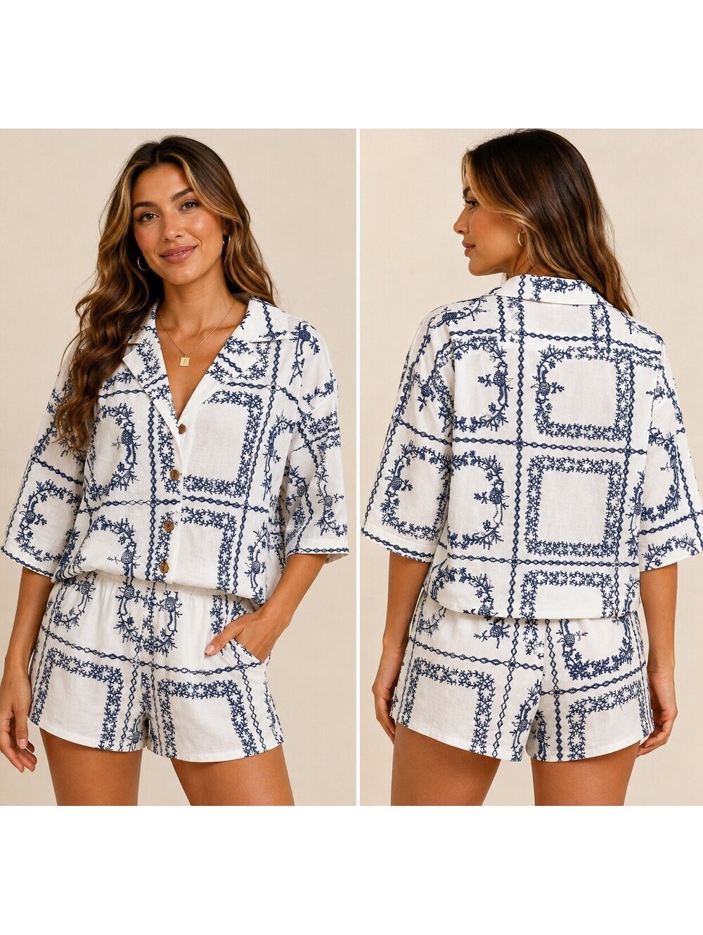 JODIFL Women’s Medium 2 Piece Set White Navy Embroidered Shirt Shorts NWT